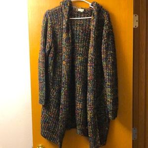 Long hooded multi color cardigan very warm and soft and has front pockets